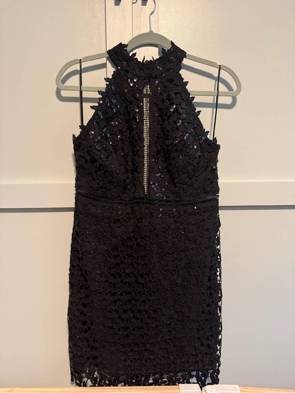 Bardot Black Sequin Lace High Neck Mini Dress Size 8